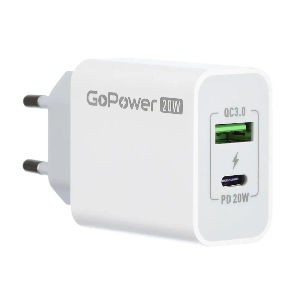 Сетевое З/У GoPower GPQC08 1USB+1Type-C 20W QC3.0 белый, артикул 00-00028401