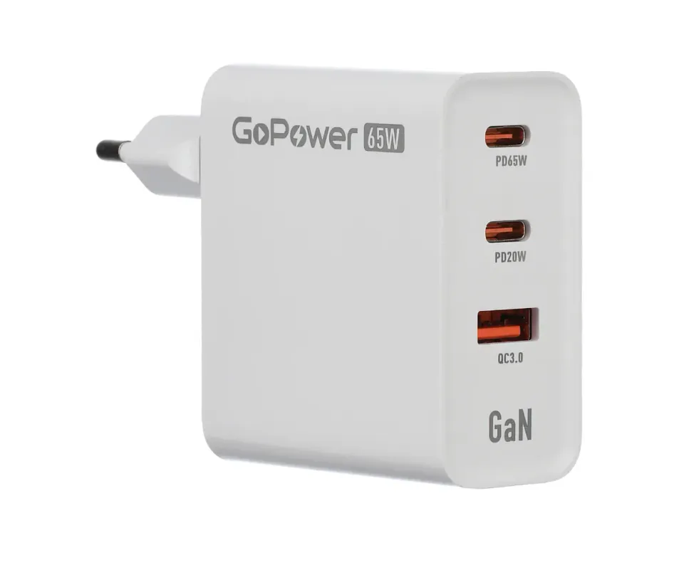 Сетевое З/У GoPower GPQC10 1USB+2Type-C 65W QC3.0 GAN белый, артикул 00-00028405