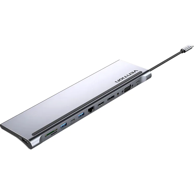 Док-станция Vention USB Type-C M/HDMI F+VGA F+DisplayPort F+RJ45+USB 3.0+USB 2.0 Type-AF+USB Type-C F+DC Jack 3.5mm+SD F+microSD F (THSHC), артикул THSHC