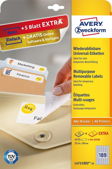 Удаляемые белые этикетки Avery Zweckform L4731REV-25